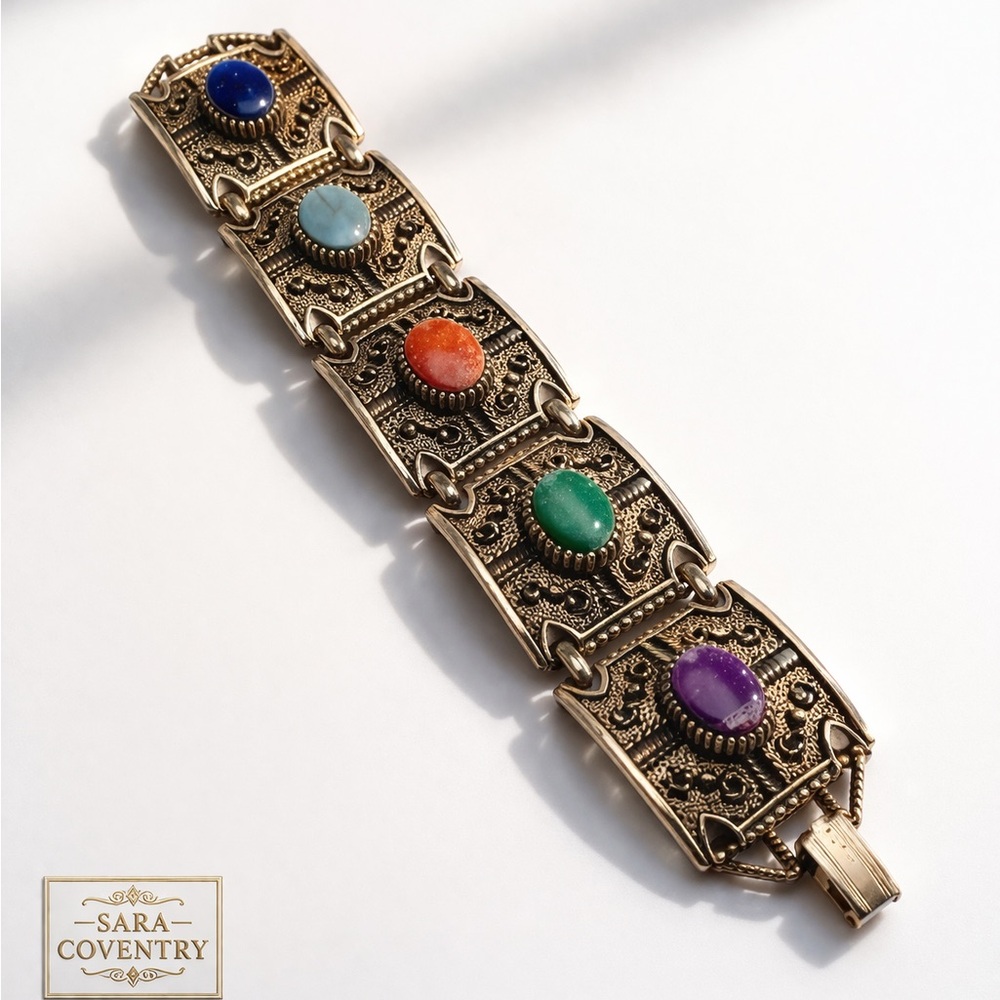 Sarah Coventry Multicolor Stone Gold-Tone Link Bracelet
